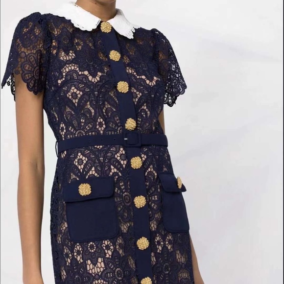 SELF PORTRAIT Collared Floral Guipure Belted Midi Dress - Picture 2 of 11